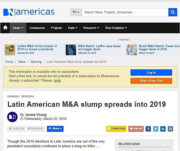 Latin American M&A slump spreads into 2019